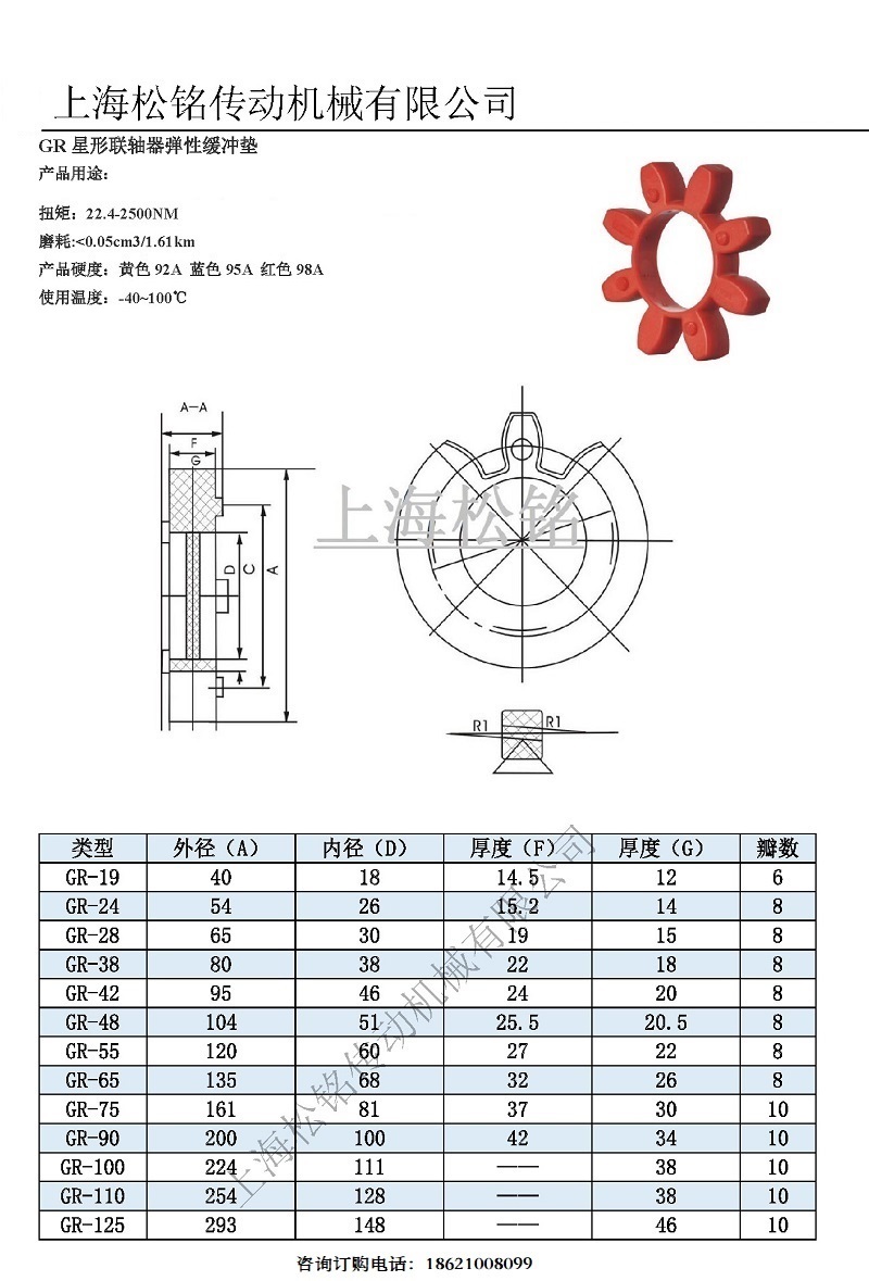 GR-10联轴器弹性体 外径20 内径8 高度8 瓣数4 PU聚氨酯技术参数尺寸