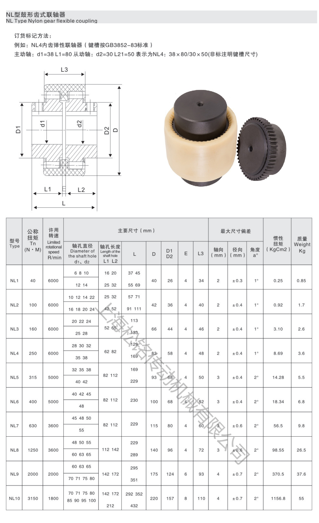 NL1-9型尼龙套联轴器选型参数