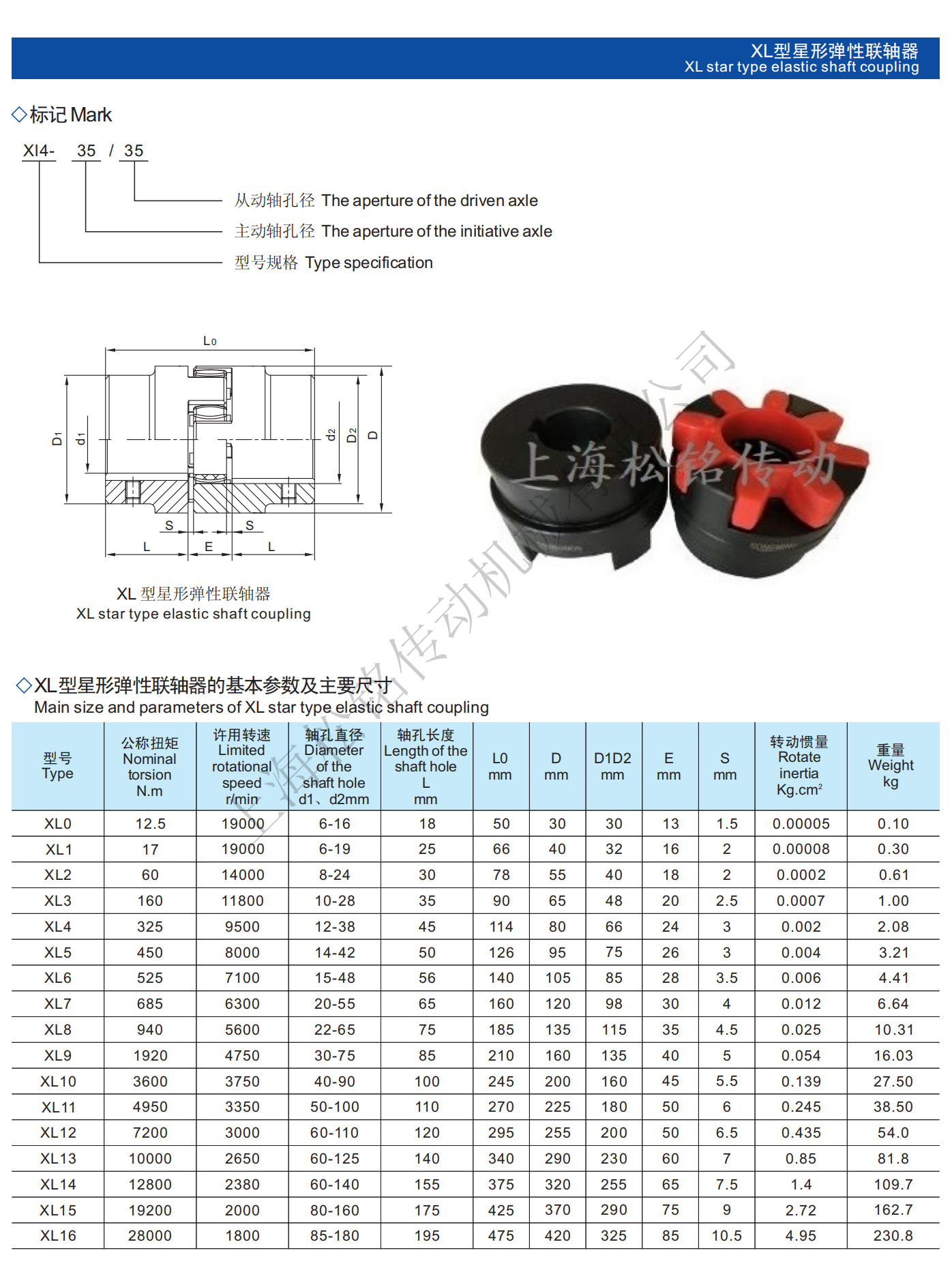 XL Flexible Shaft Coupling  spider Technical Parameters